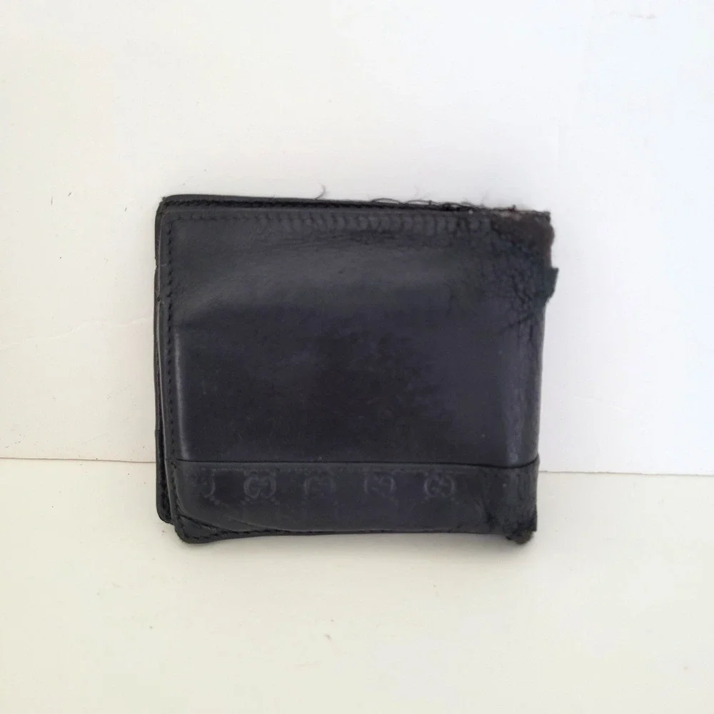 Gucci Mens Bifold Wallet Black Leather GG Guccissima Logo Coin Pocket AS IS